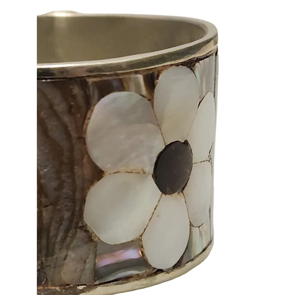 VINTAGE ABALONE Flowers MOTHER OF PEARL NAPKIN RING SET‎ 6 Silver Mexico